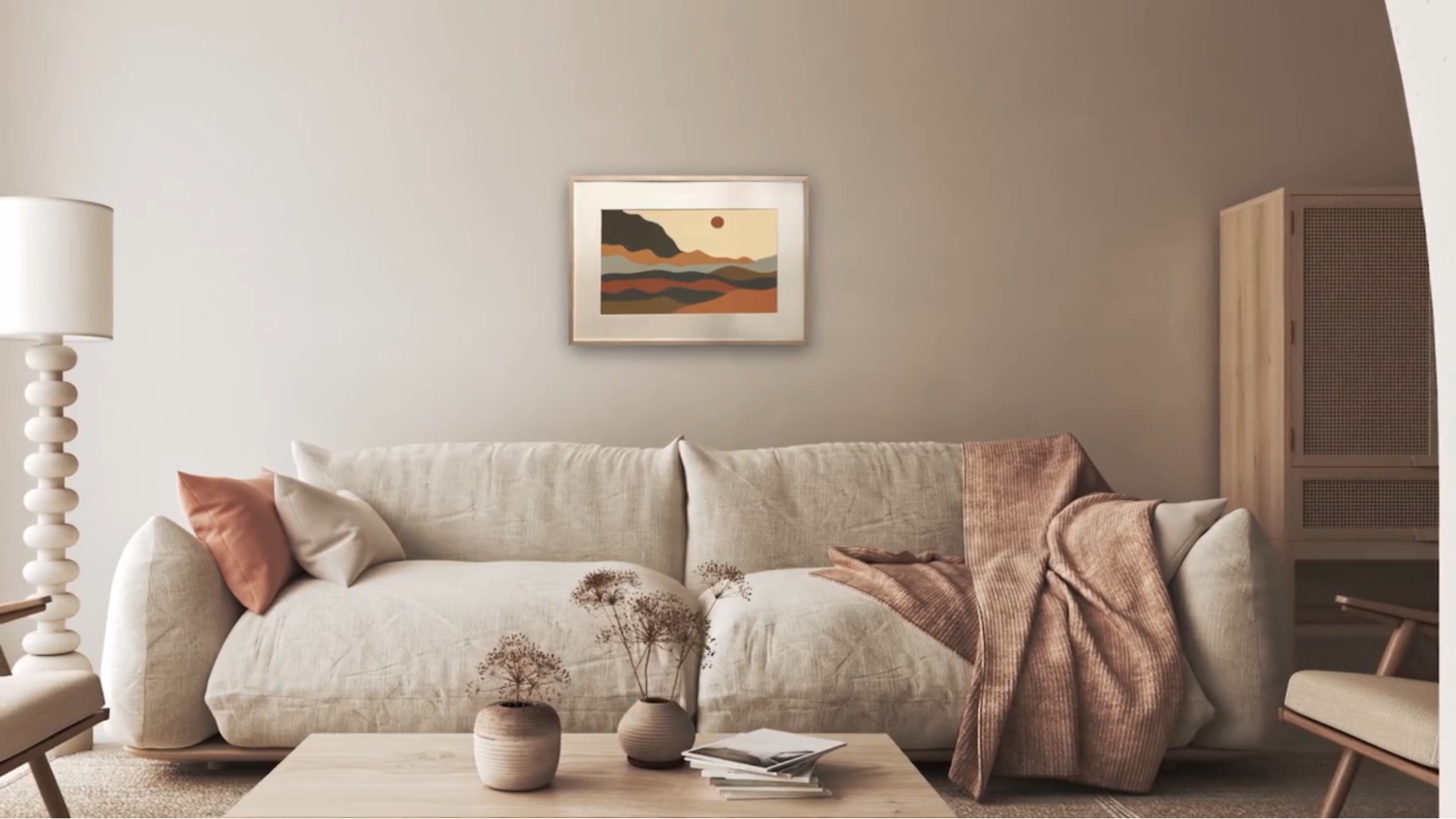 A living room wall shows an intelligent image frame on a sofa