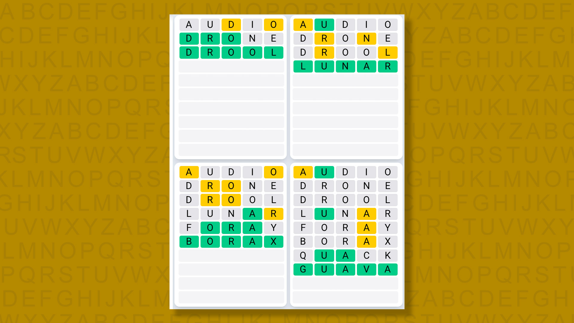 Quordle Daily Sequence Answers for game 1351 on a yellow background