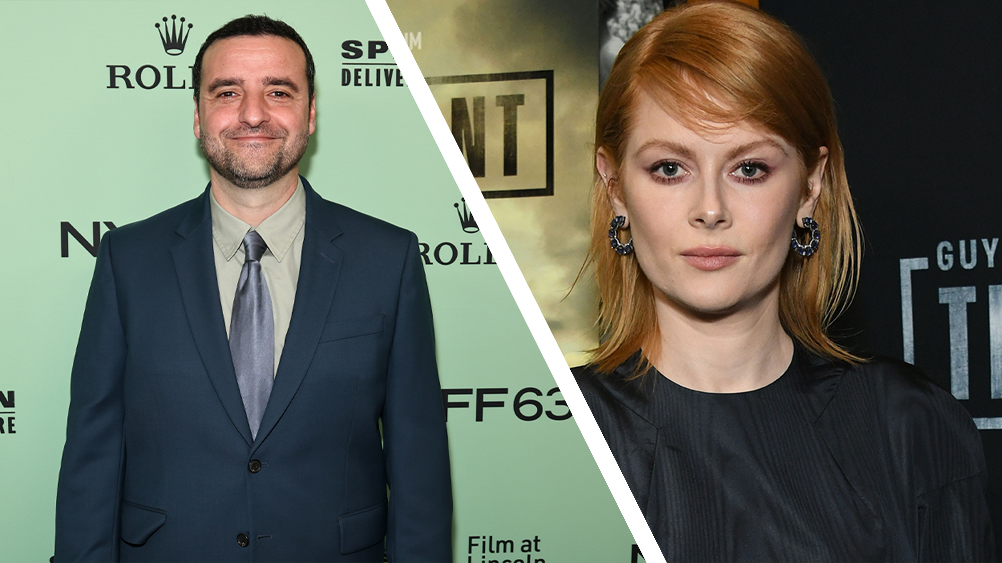 A collage that shows David Krumholtz and Emily Beecham posing for photographs in different red carpet events