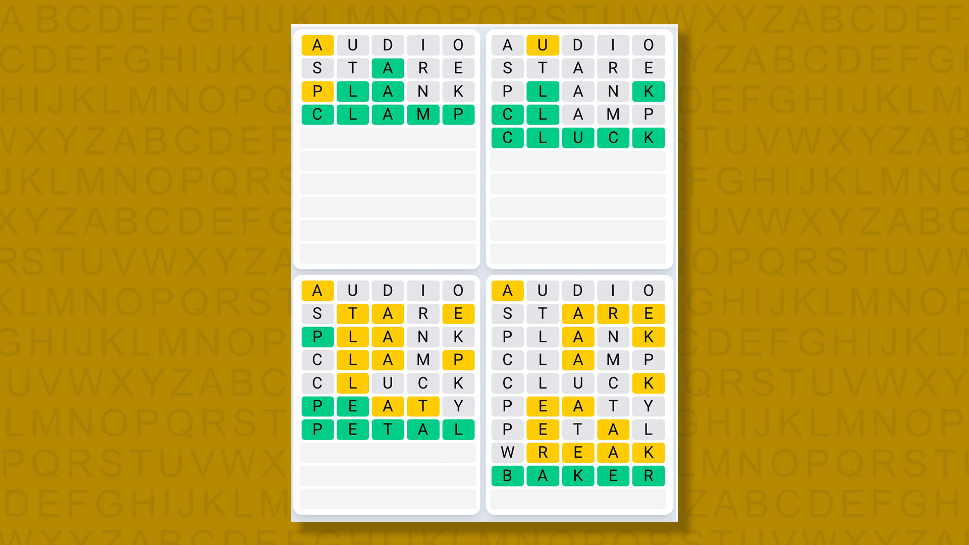Quordle Daily Sequence responses for game 1353 on a yellow background