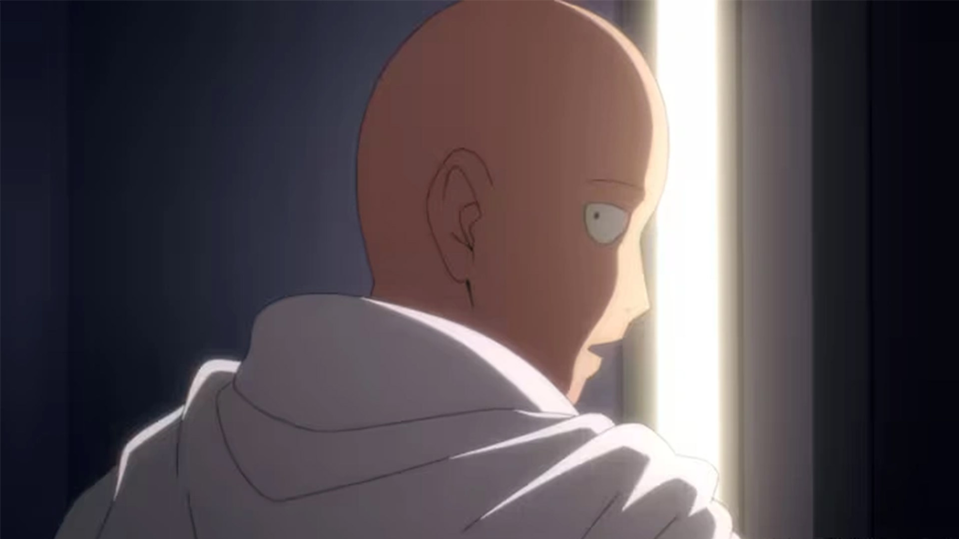 An anime character looks them behind them with a strip of light that covers half of his face