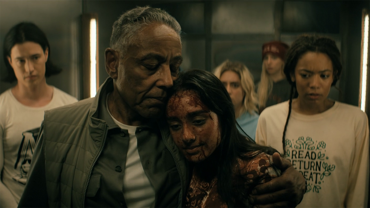 Stan Edgar hugging blood-soaked Zoe Neuman in Gen V season 2 episode 6
