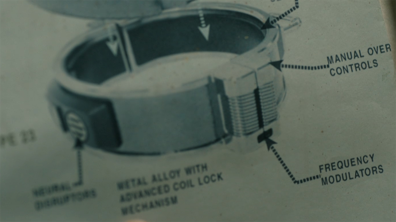 A screenshot of Supe's inhibitor collar design in Gen V Season 2 Episode 6