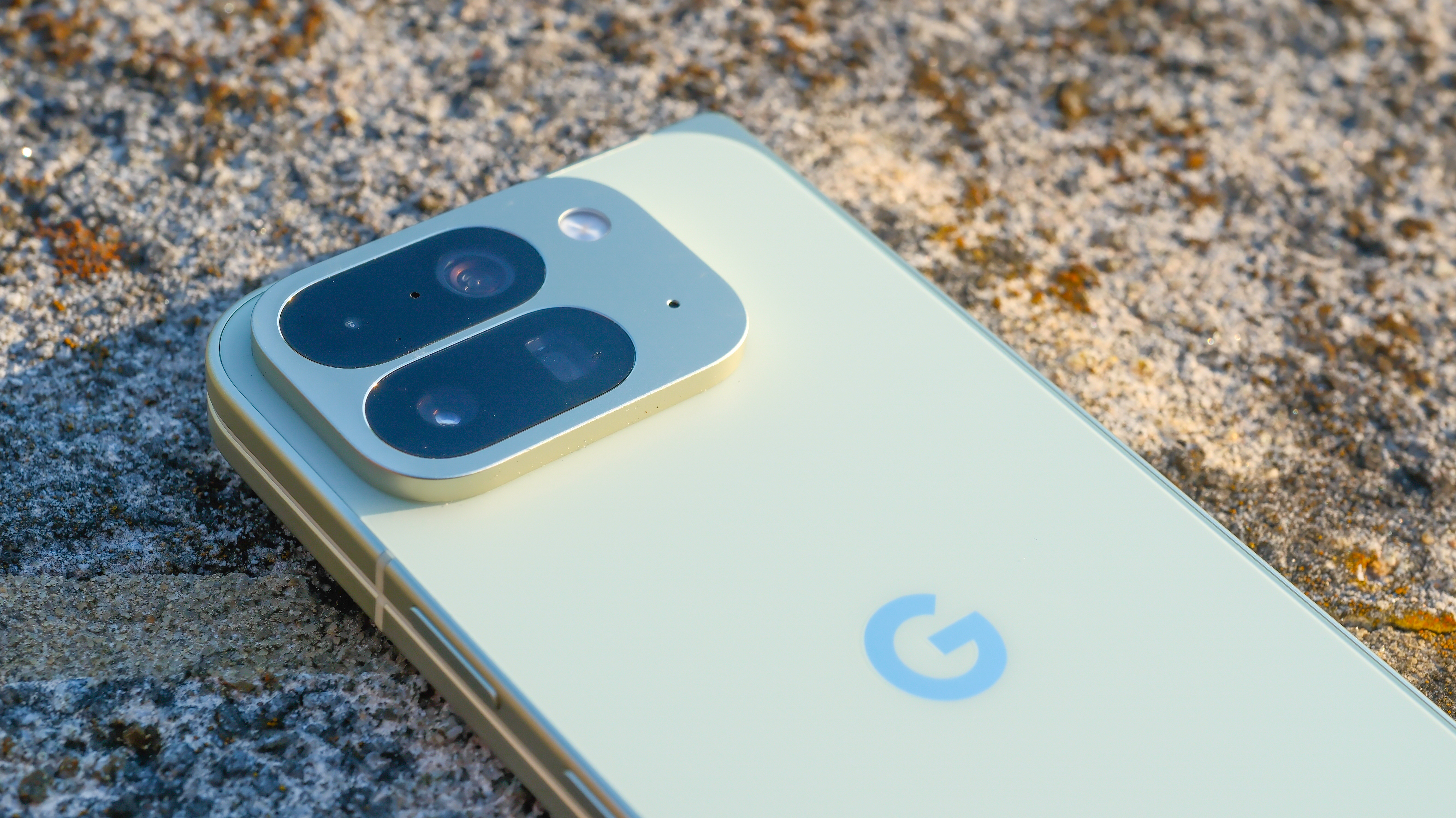 Google Pixel 10 Pro Fold in jade green outside in a flower garden on a sunny day