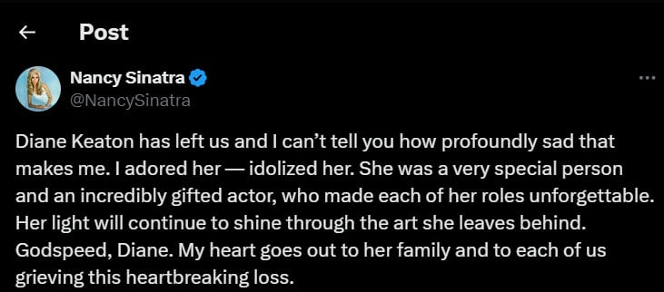 Hollywood reacts to Diane Keaton's death