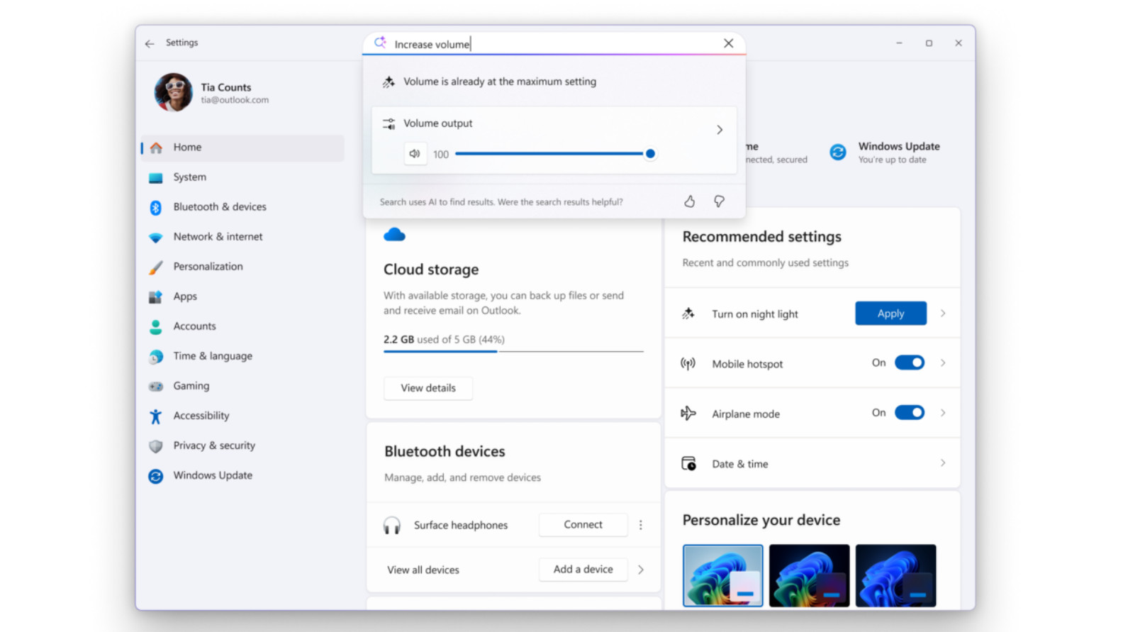 Windows 11 AI Configuration Agent improves in preview showing volume option