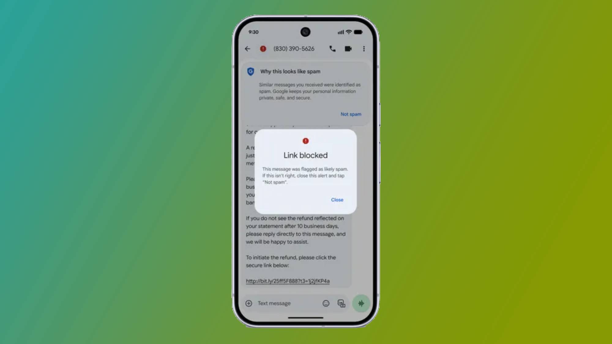 An iPhone showing a scam alert in the Google Messages app