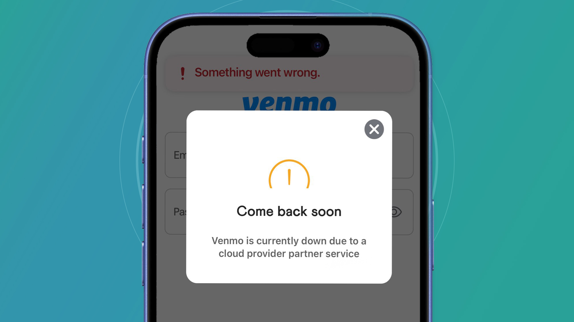 A phone on a green and blue background showing an error message from the Venmo app