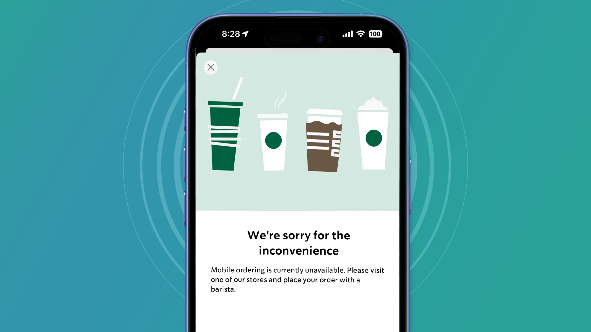 A phone with a green and blue background showing that the Starbucks app is not working