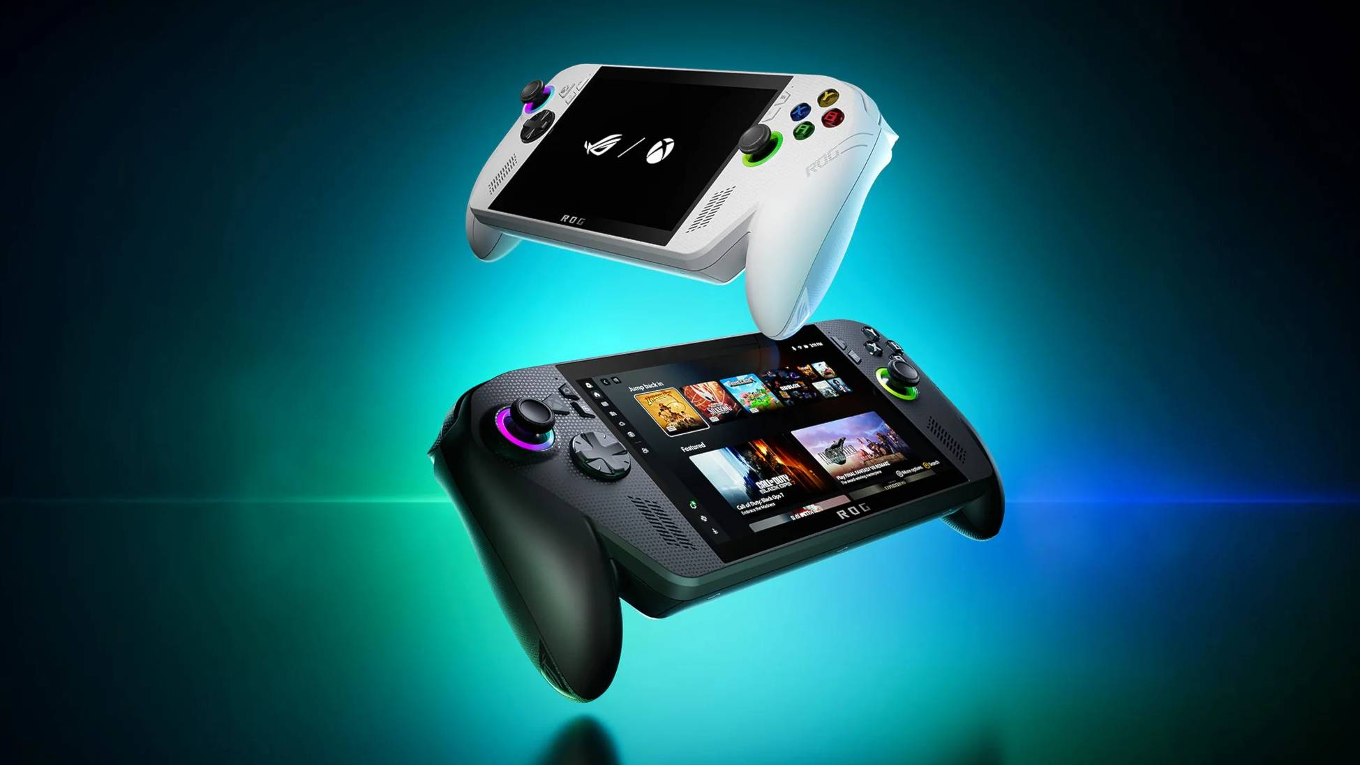 ASUS ROG Xbox Ally portable consoles on a space-themed background