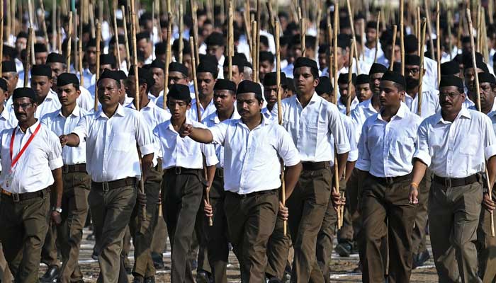 Rashtriya Swayamsevak Sangh (RSS) volunteers take part in the Hindu nationalist organization's centenary celebrations at Reshimbagh Ground in Nagpur on October 2, 2025. – AFP
