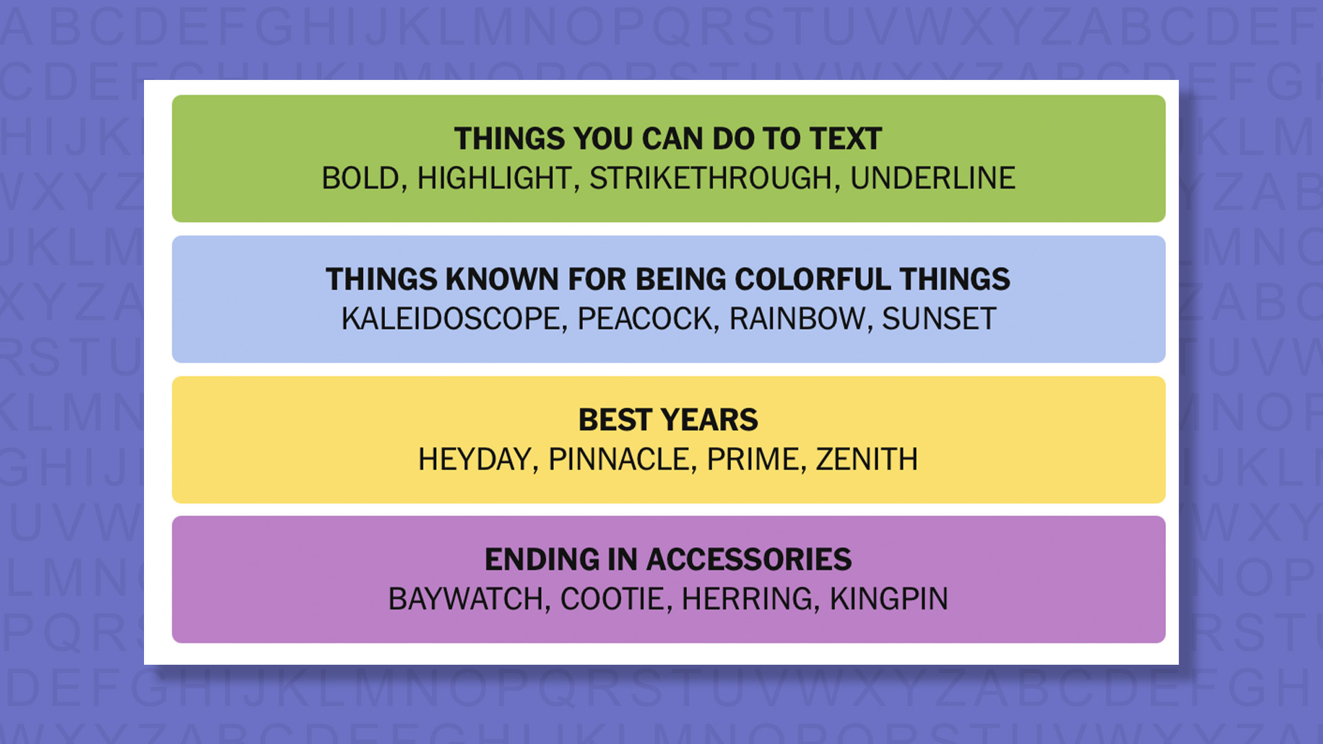 NYT Connections answers game 866 on a purple background