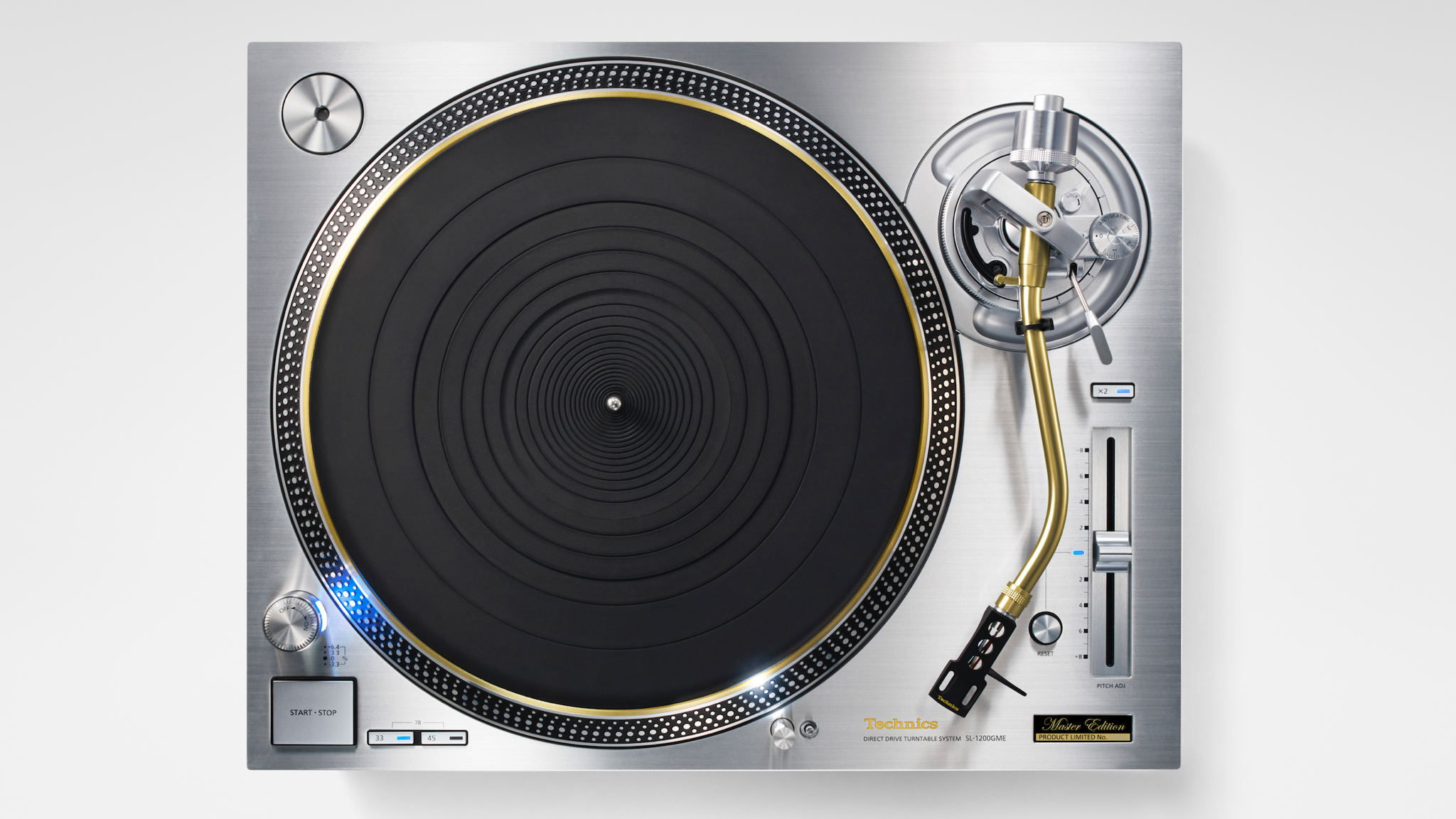 Technics SL-1200GME turntable taken from above on a light gray background