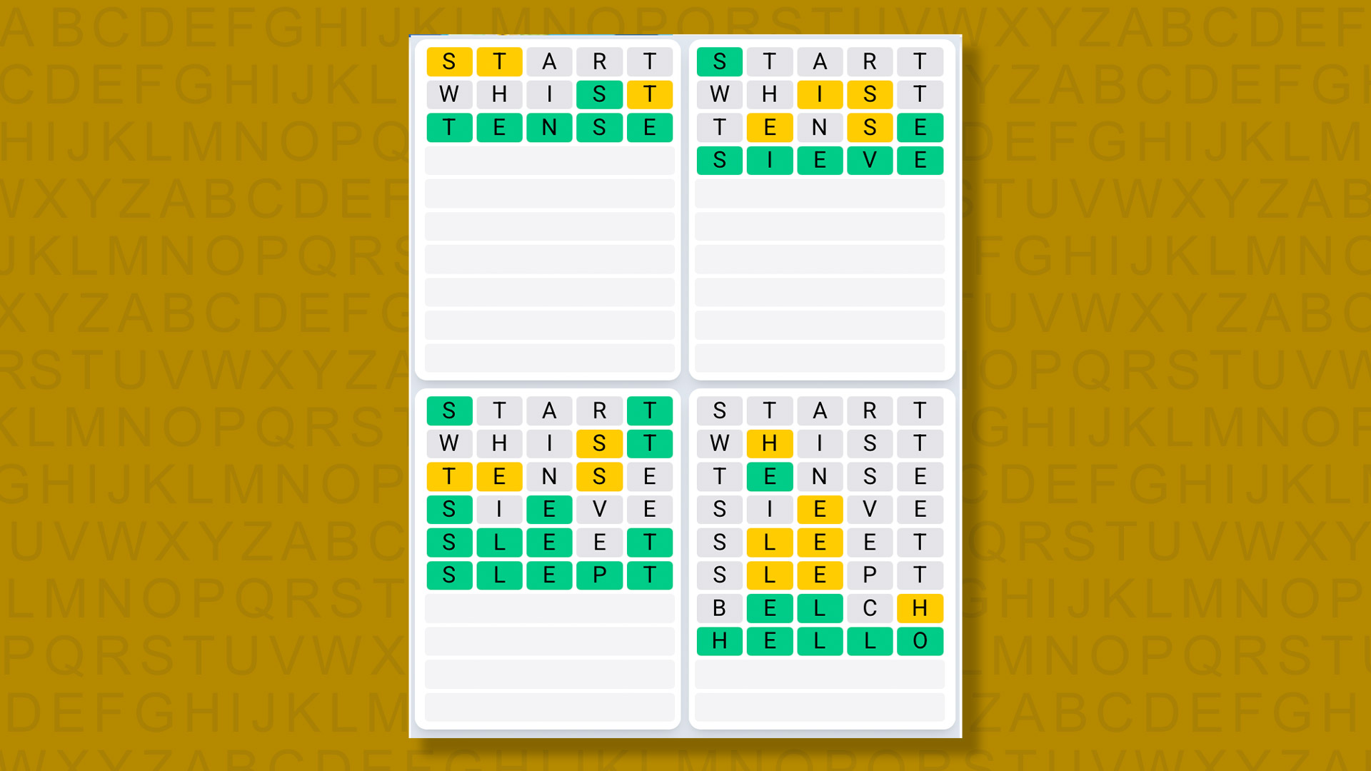Quordle Daily Sequence answers for game 1374 on a yellow background