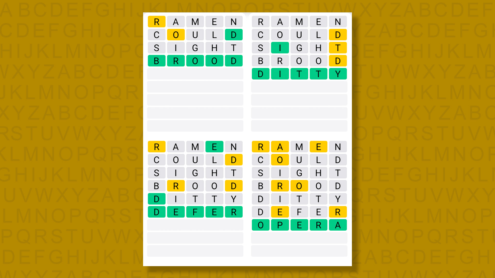 Quordle answers for game 1374 on a yellow background