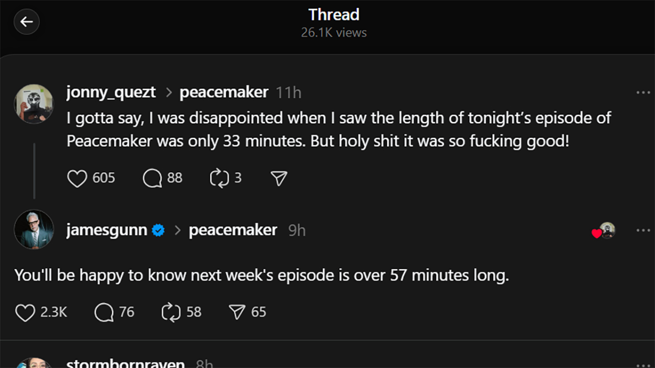 A screen capture by James Gunn responding to a thread fan about the peaceful execution time of season 2 of season 2