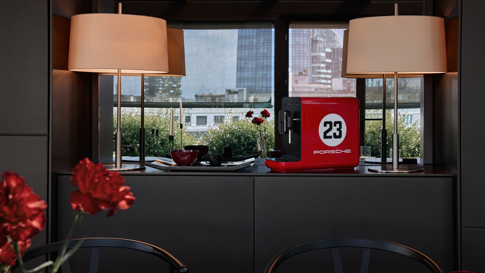 Porsche + Smeg collaboration: refrigerator and coffee maker in the kitchen