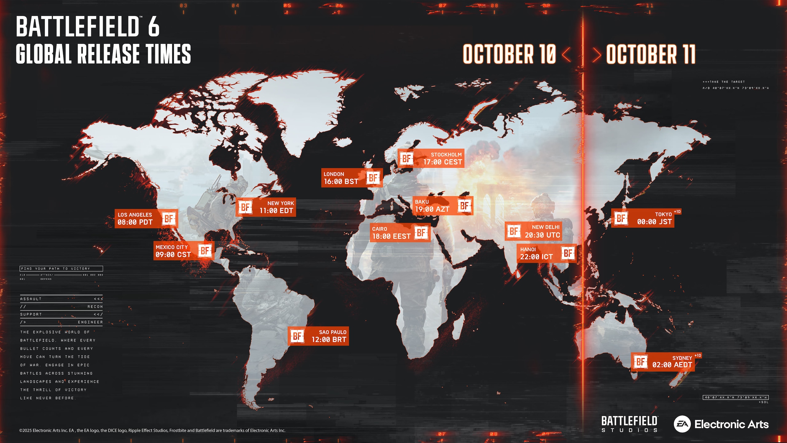 Battlefield 6 release times displayed on a world map
