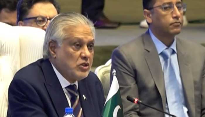 DPM and FM Ishaq Dar address the International Conference of Regional Transport Ministers in Islamabad on October 23, 2025. – Screenshot via PakGazette News