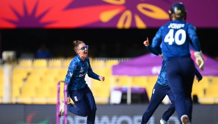 England Linsey Smith celebrates after taking a wickt during his 2025 Women's World Cup game against South Africa in Guwahati, India, October 3, 2025. - ICC
