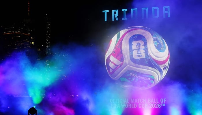 General View has holograms are exhibited during the official launch of the FIFA World Cup Trionda World Cup in Brooklyn Bridge Park on October 2, 2025 in New York City. - AFP