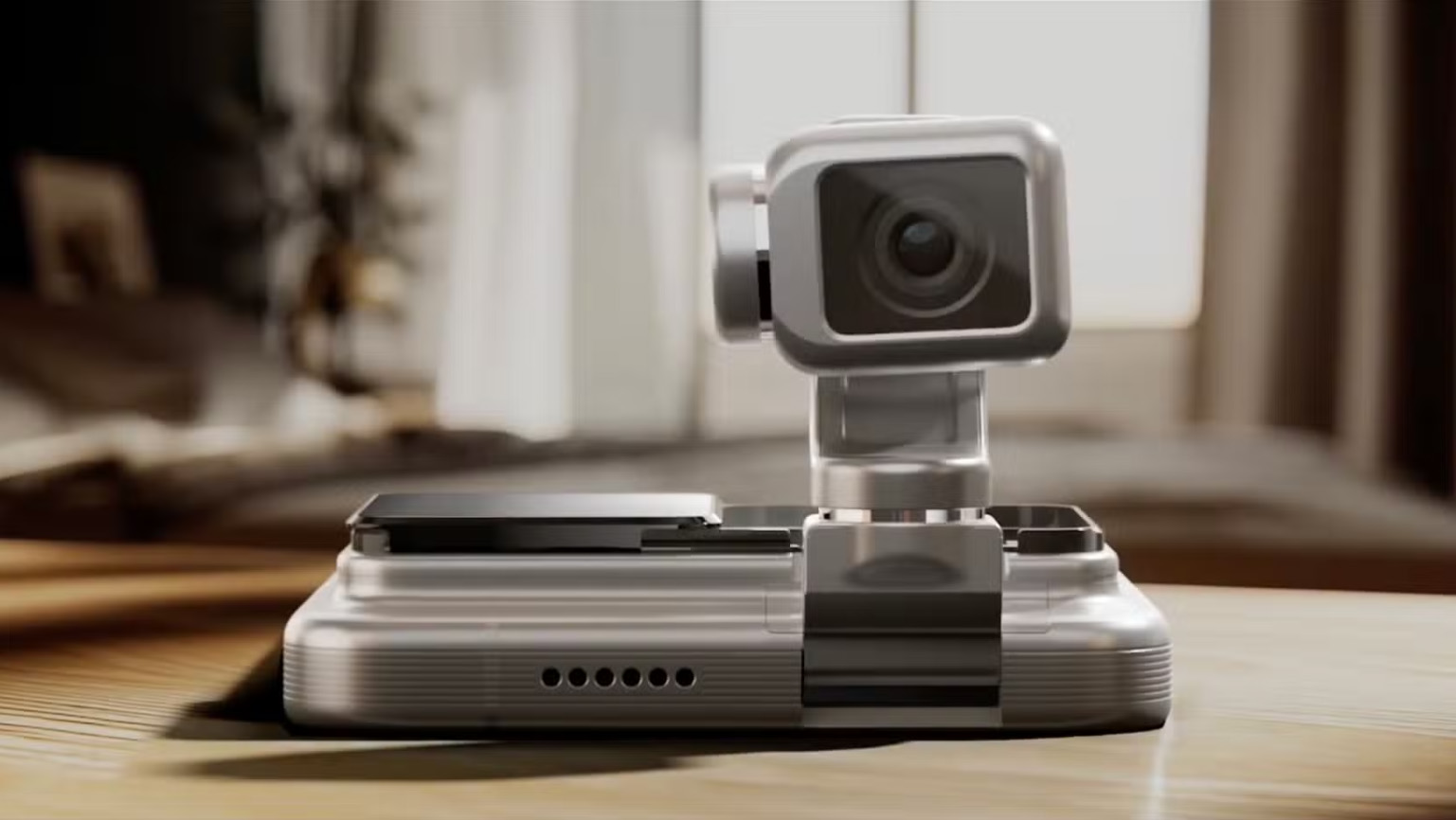 A rendering of the Honor Robot Phone concept product placed on a desk with the camera module extended and light streaming in from the top right of the image.