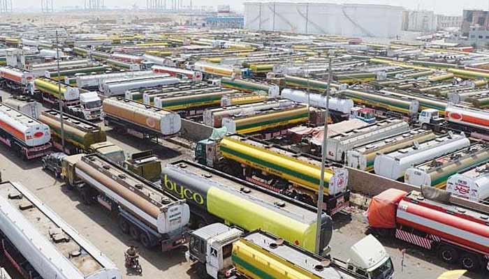 A large number of oil tankers are parked near Shireen Jinnah Colony in Karachi. — Online/File
