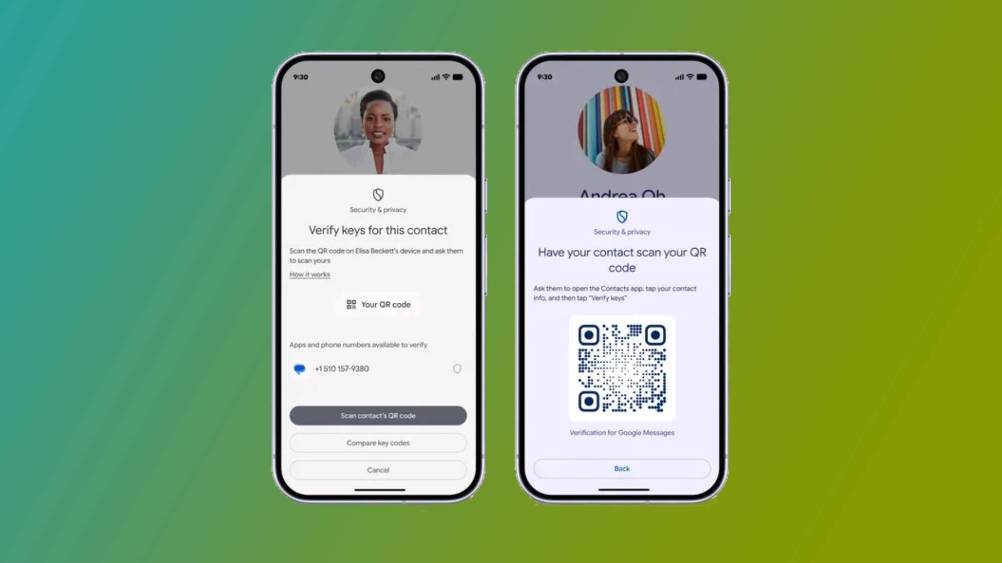 Two iPhones showing off the new Key Verifier tool in the Google Messages app