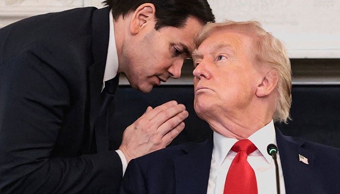 U.S. Secretary of State Marco Rubio updates U.S. President Donald Trump on the Gaza proposal during a roundtable discussion on Antifa, an anti-fascist movement that Trump designated as a domestic terrorist organization by executive order on September 22, at the White House in Washington, DC, United States, October 8, 2025. – Reuters