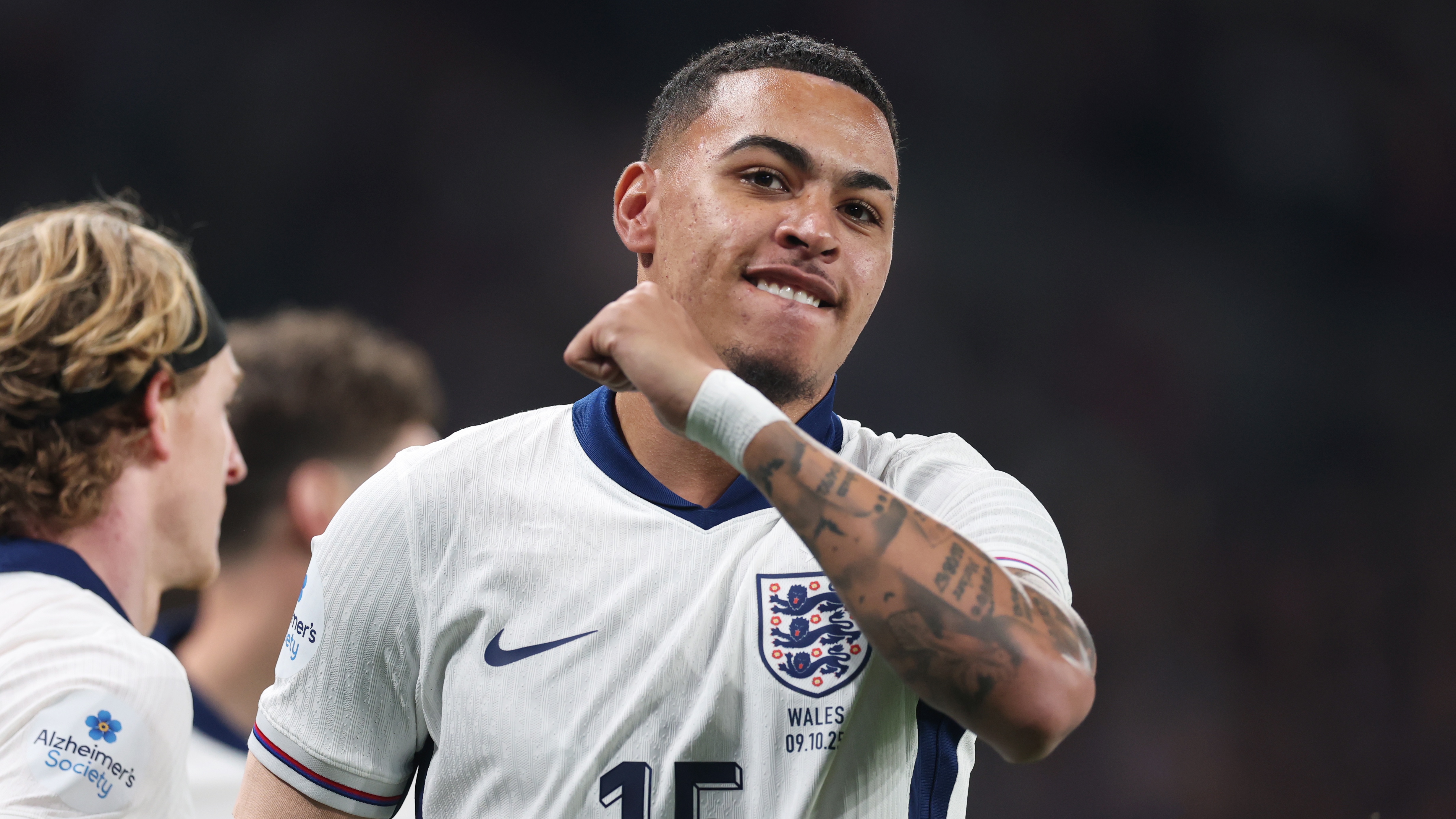 Morgan Rogers of England celebrates scoring his team's first goal during the international friendly between England and Wales at Wembley Stadium on October 9, 2025 in London, England.