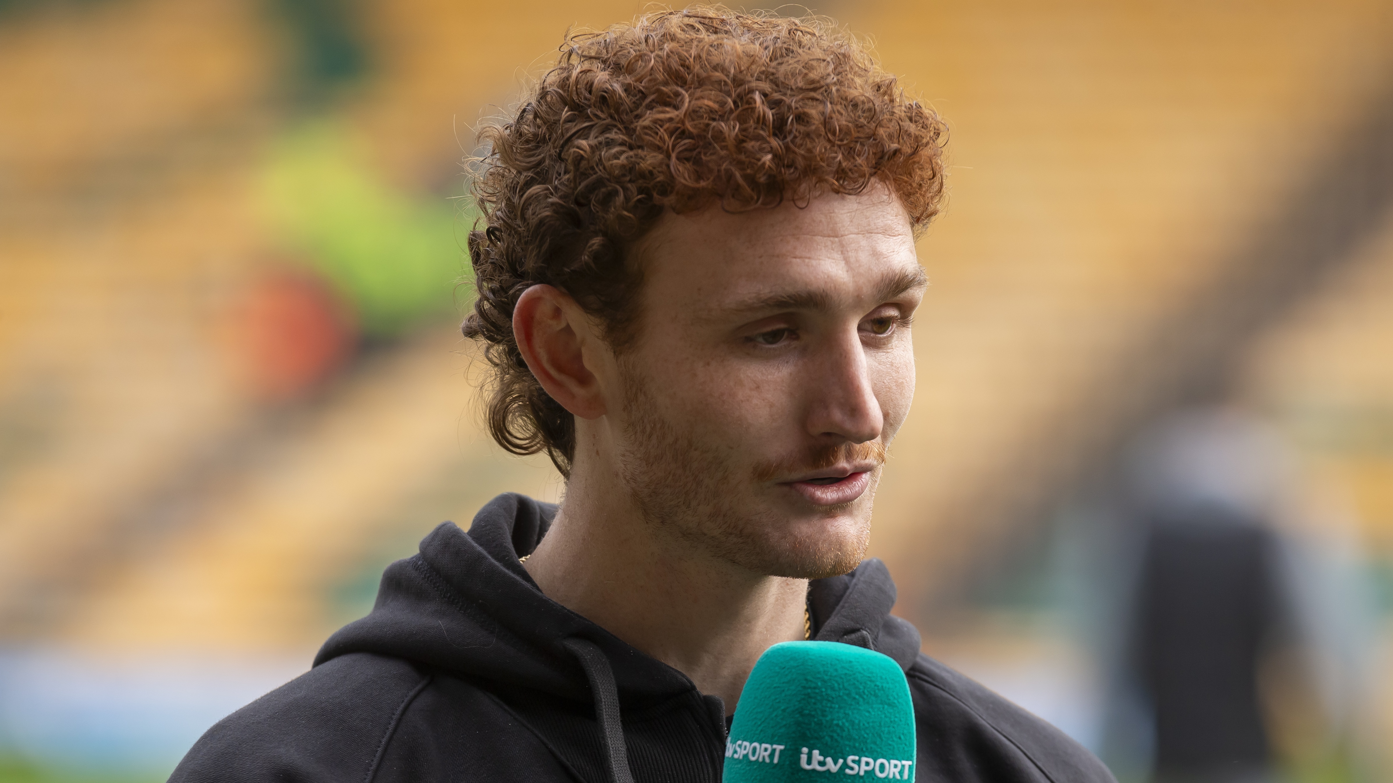 Josh Sargent, by Norwich City, interviewing before the Norwich vs. Derby County Championship game.