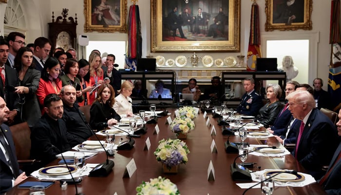US President Donald Trump meets with Ukrainian President Volodymyr Zelenskiy during a lunch in the Cabinet Room of the White House in Washington, DC, October 17, 2025. – Reuters