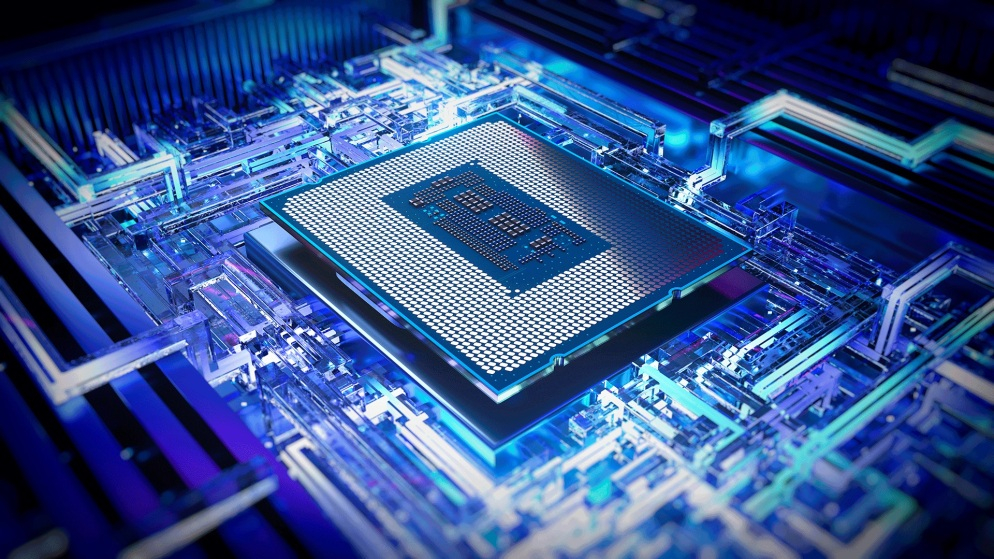 A rendering of an Intel CPU on a futuristic PC.