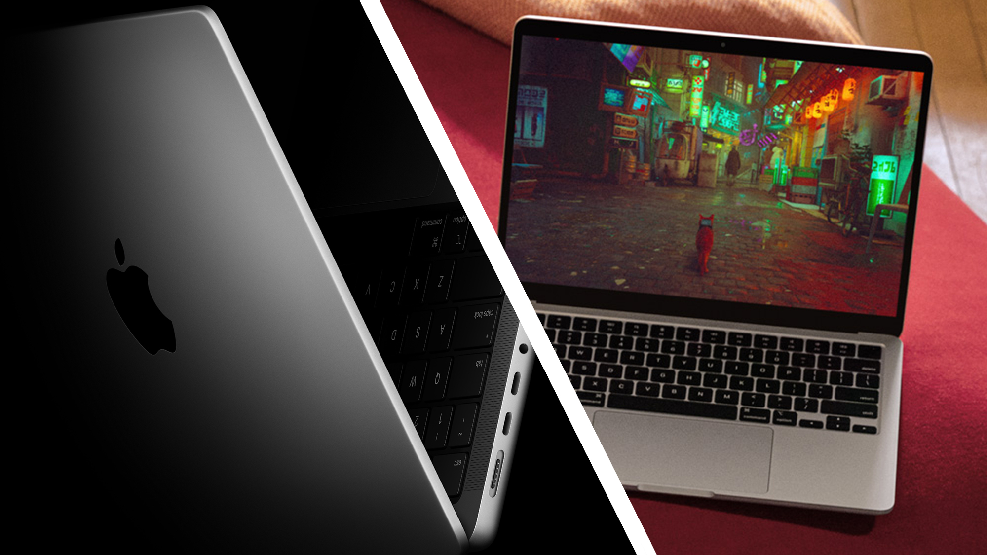 The MacBook Pro M5 on a black background next to a MacBook Air M3 on a red cushion