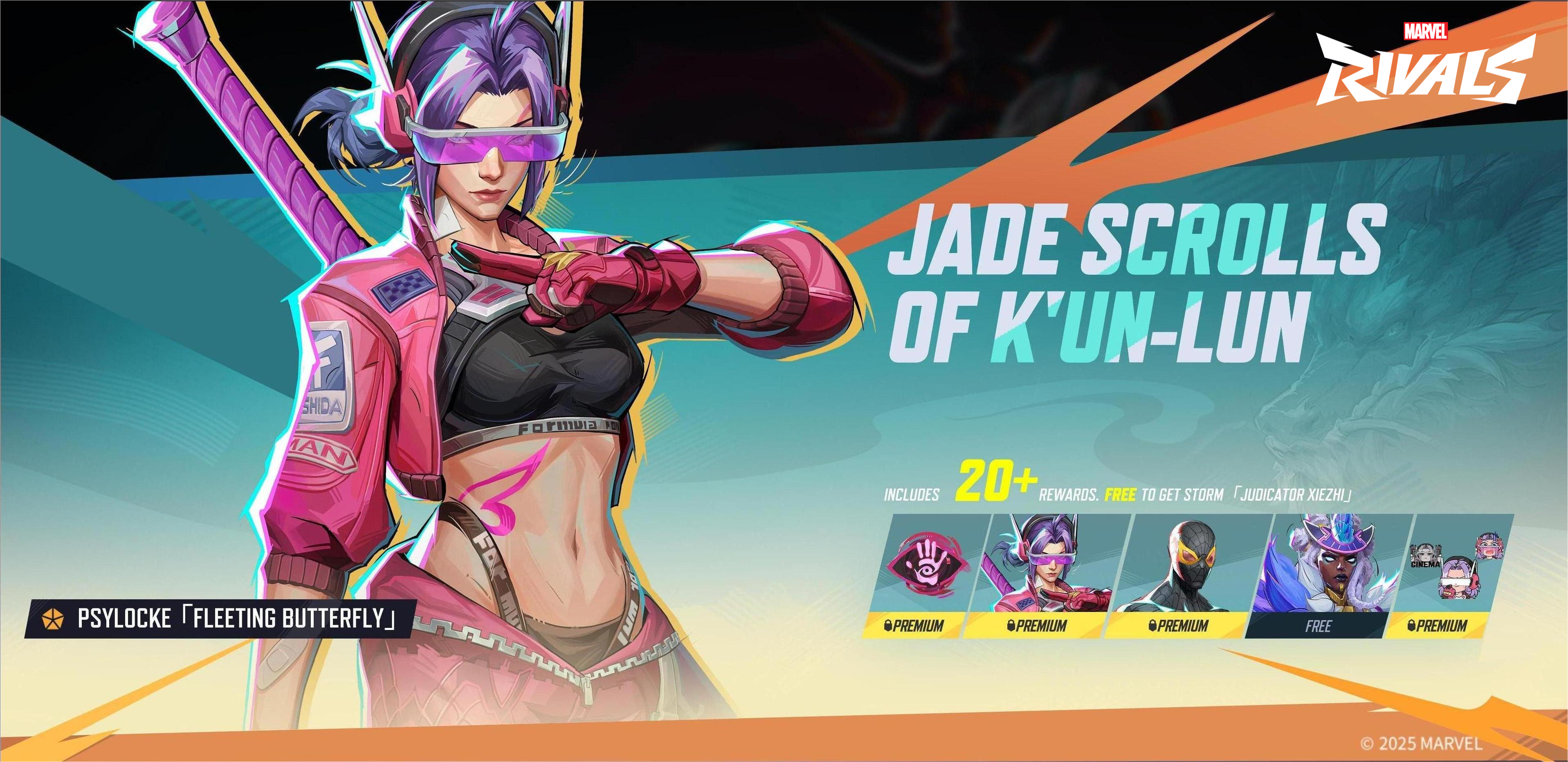 Psylocke wears a futuristic pink and purple biker jacket and purple sunglasses.