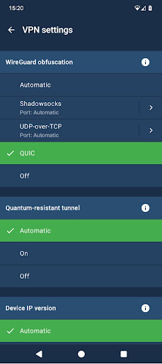 Mullvad VPN configuration on mobile apps, showing QUIC obfuscation enabled