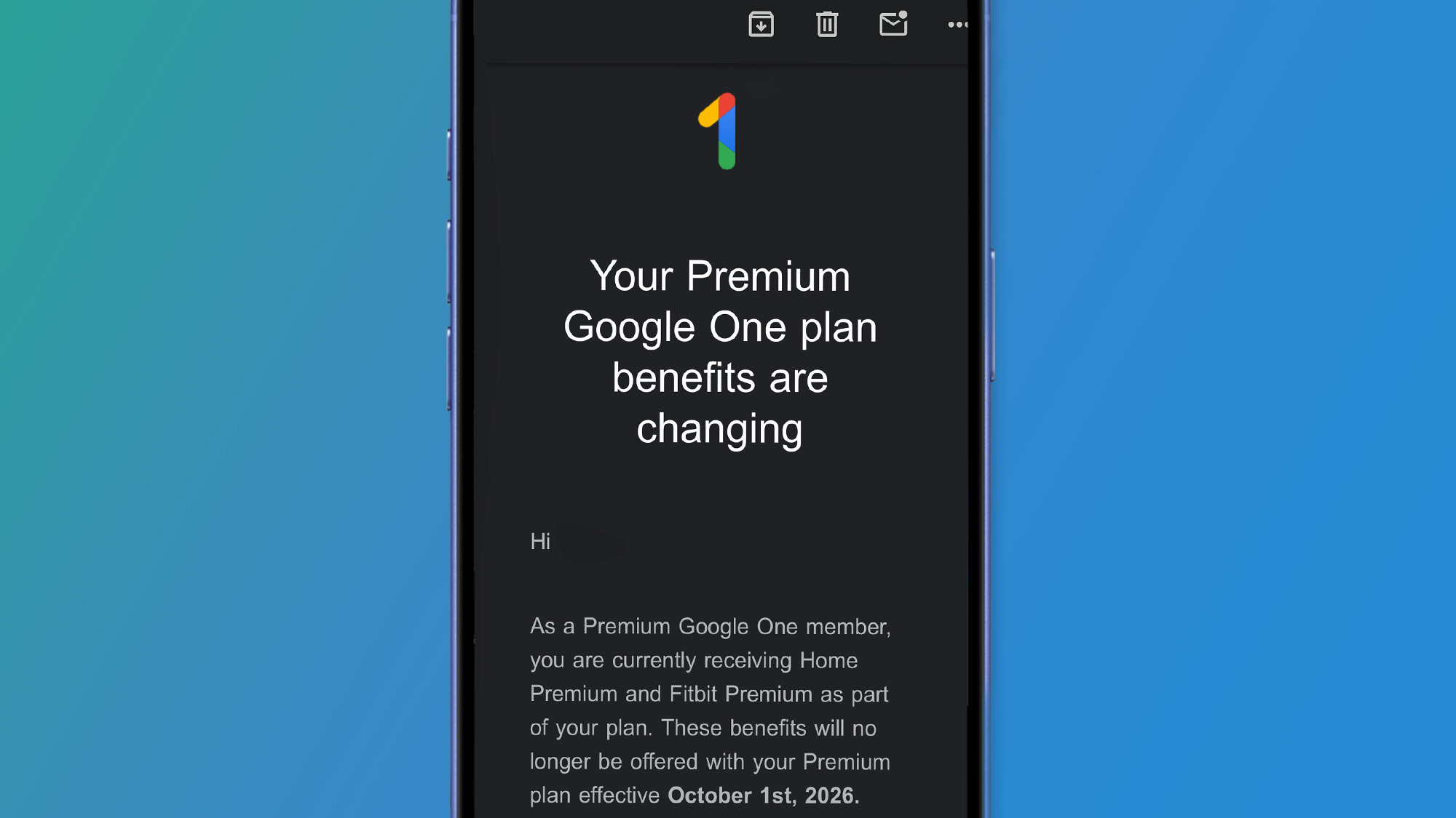 A phone with a green and blue background that shows an email about the change of subscriptions to Google One