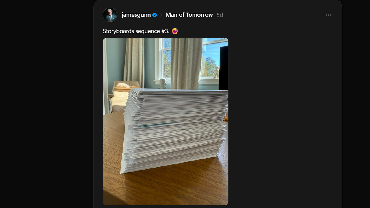 A screenshot of the third sequence document of the Man of Tomorrow storyboard on a table.