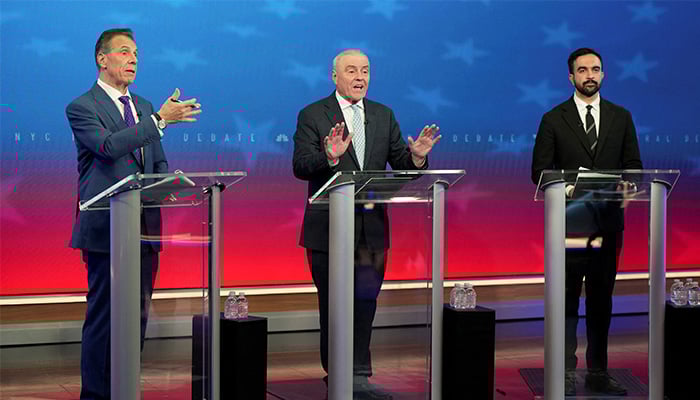 Independent candidate, former New York Governor Andrew Cuomo, Republican candidate Curtis Sliwa and Democratic candidate Zohran Mamdani participate in a mayoral debate in New York, US, on October 16, 2025. – Reuters