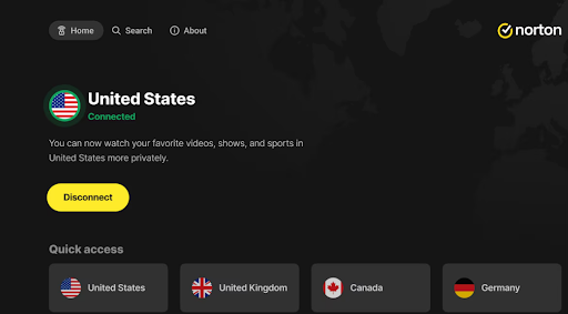 Norton VPN interface, connected to a server in the United States.