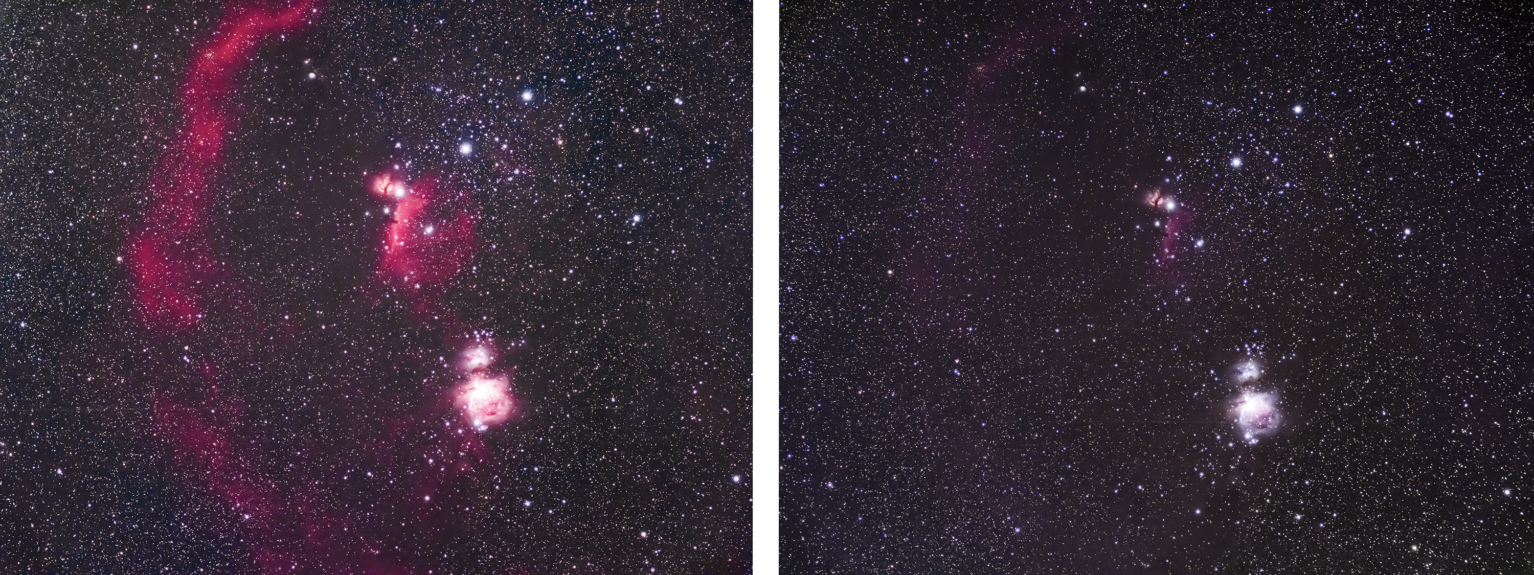 Two images of the nebulous themselves next to each other, one taken with a dedicated star camera, the other a normal camera