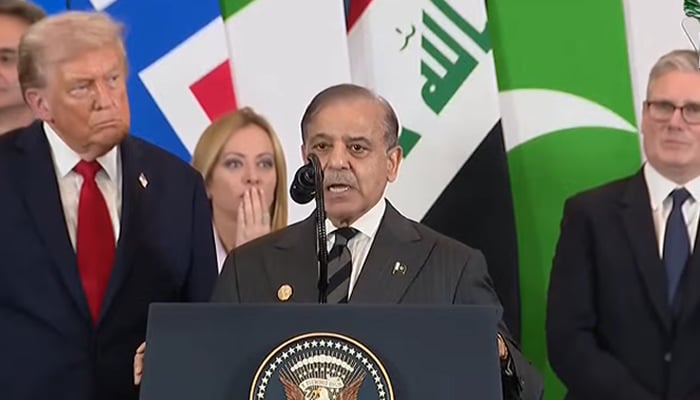Prime Minister Shehbaz Sharif speaks after the signing of the Gaza peace agreement in Sharm el-Sheikh, Egypt, October 13, 2025. — Screenshot via YouTube/PakGazette News