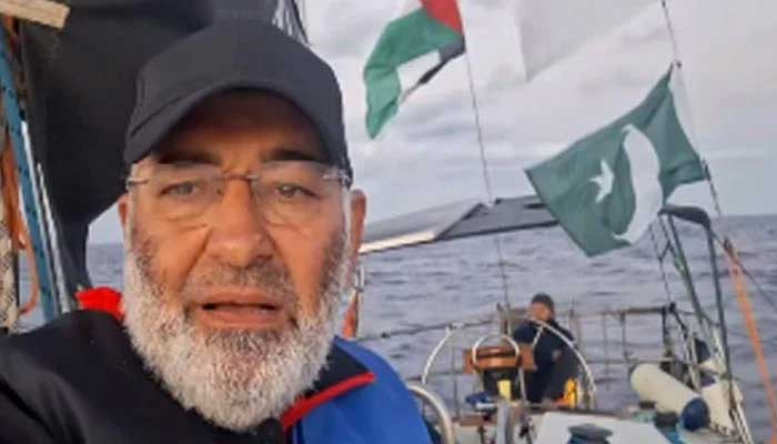 Screengrab shows former Senator Mushtaq Ahmed Khan aboard the ship to Gaza, part of the Global Sumud flotilla. - x@senatormushtaq