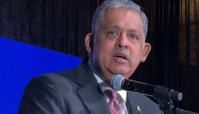 Pakistan's Ambassador to the United States, Rizwan Saeed Sheikh, speaks at an event in Washington, DC, in this photo released April 7, 2025. — X/@AmbRizSaeed