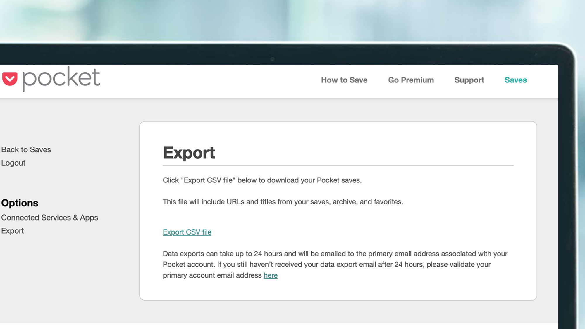 A laptop screen showing the Pocket data export page