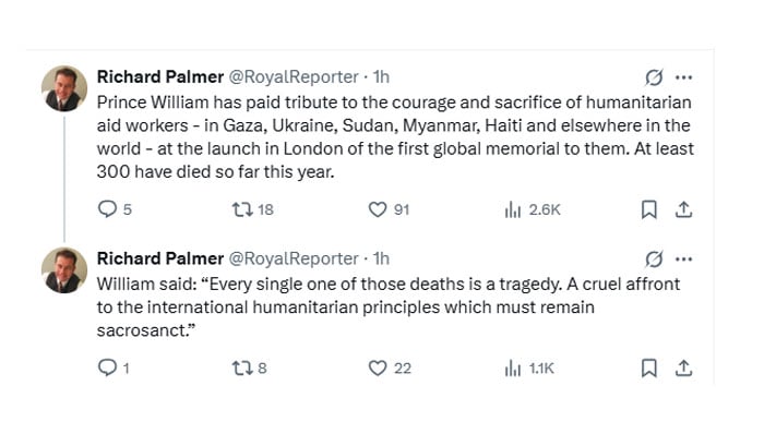 Prince William pays tribute to humanitarian human workers