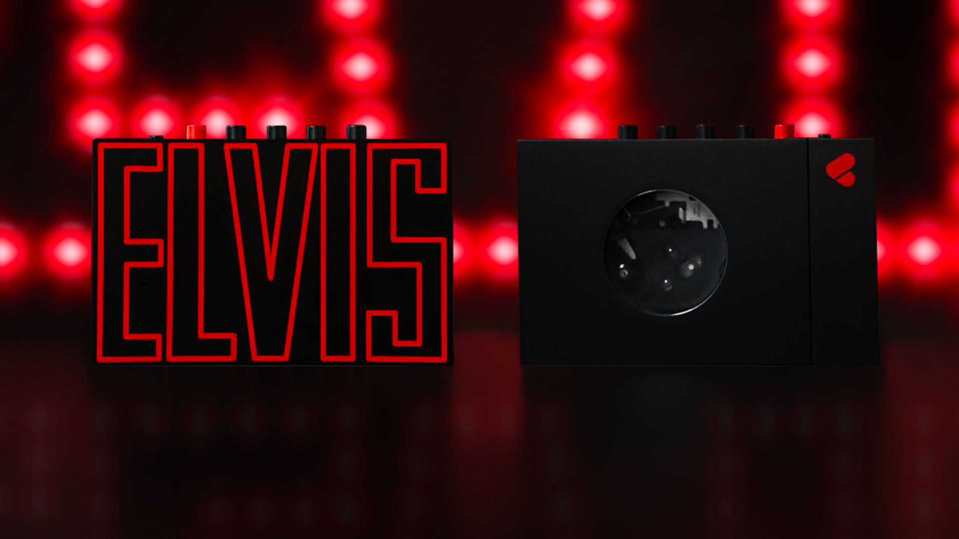 Limited edition We Are Rewind Elvis Walkman cassette player from both sides, on red and black background