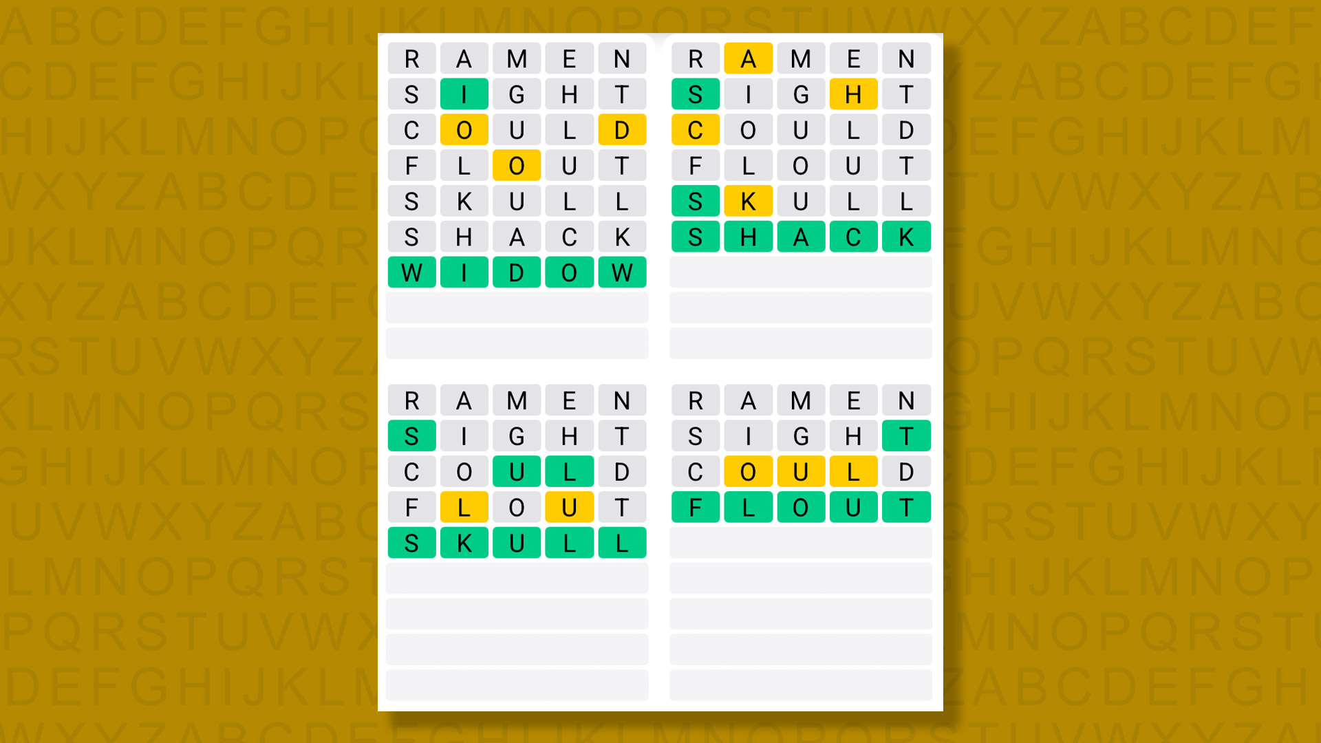 Quordle answers for game 1376 on a yellow background