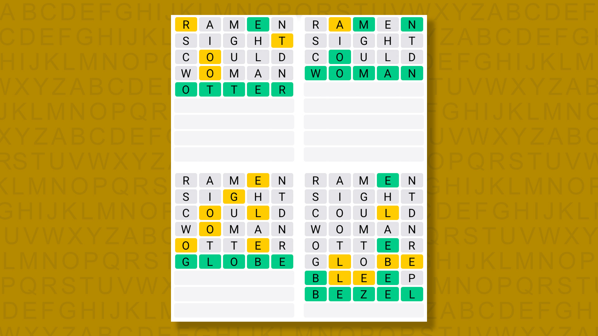 Quordle answers for game 1358 on a yellow background