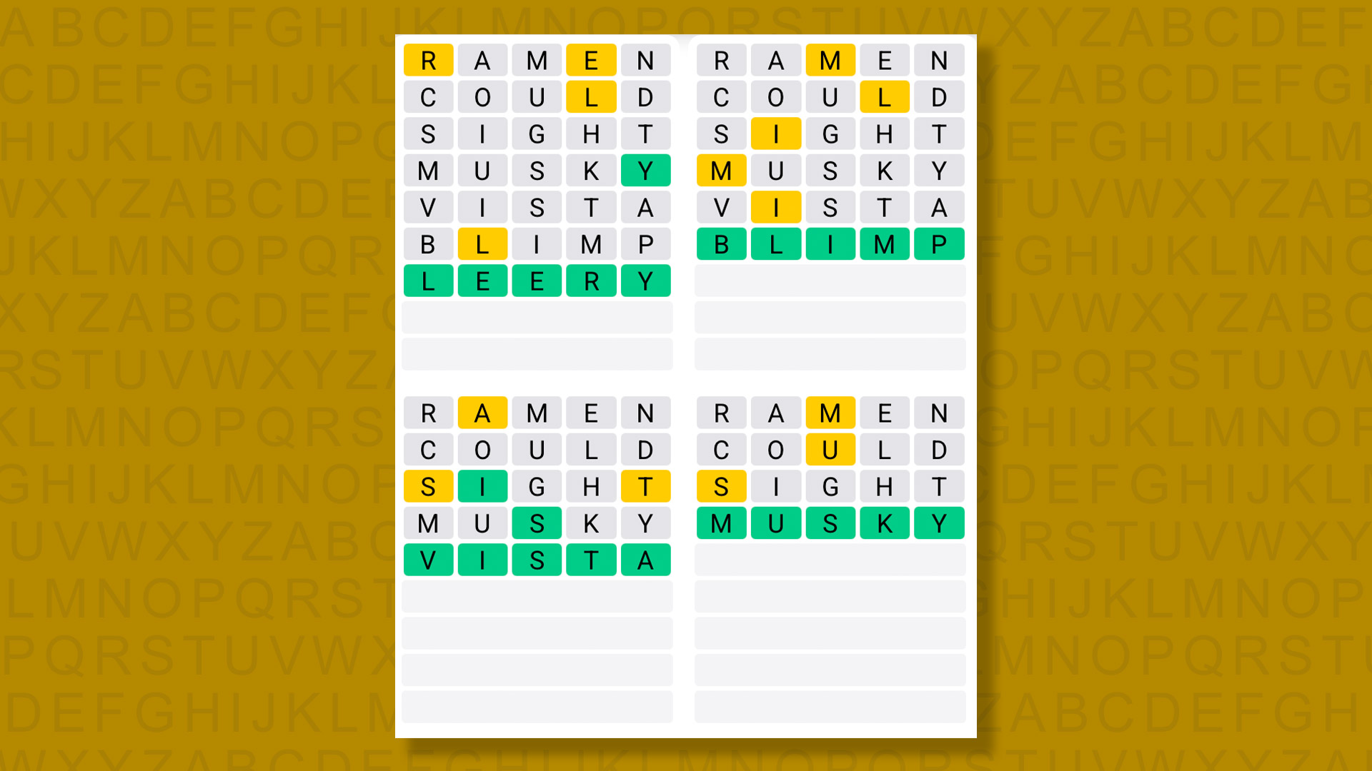 Quordle answers for the game 1365 on a yellow background